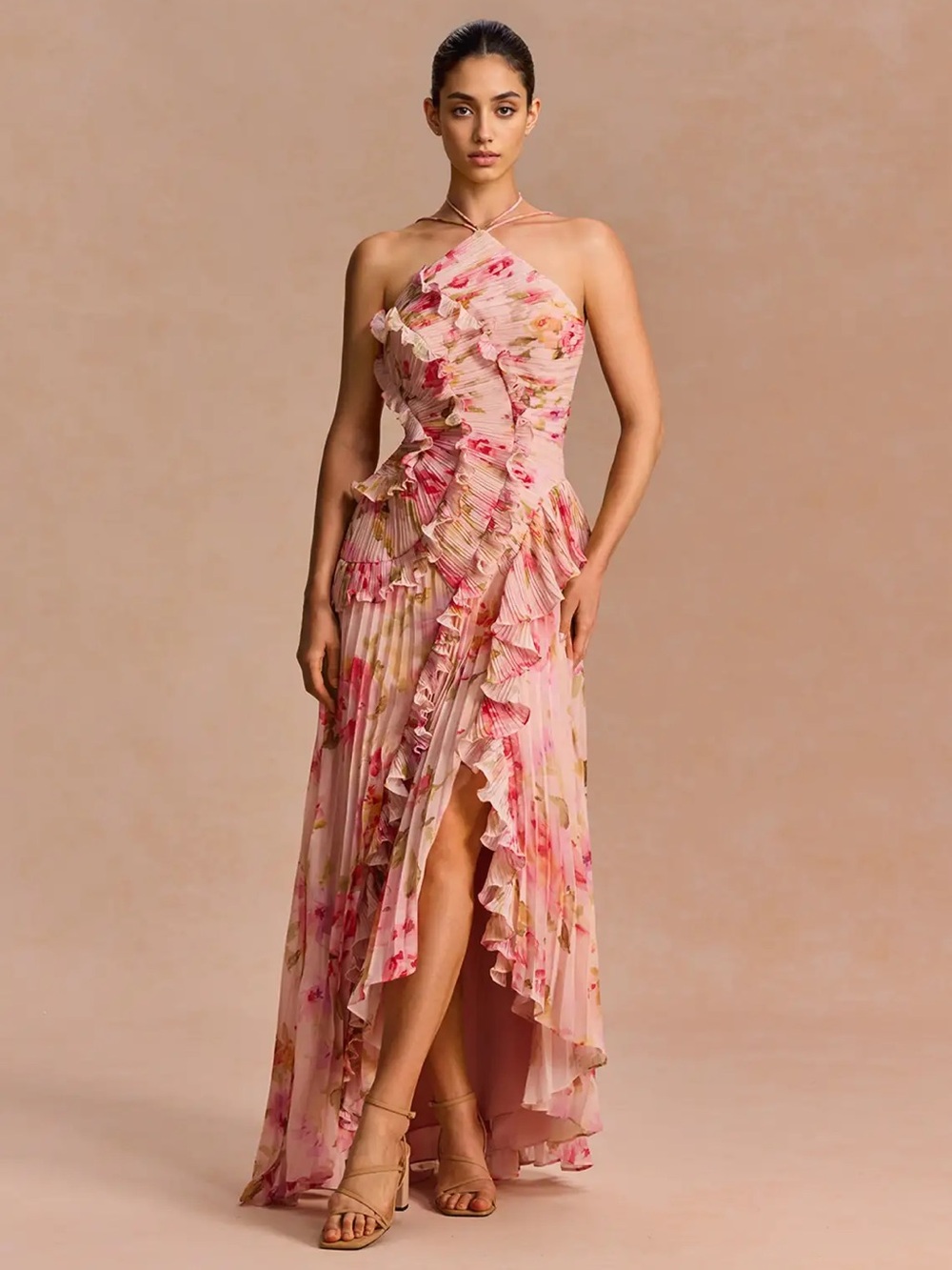 Azazie Blush Pink Floral Halter Ruffled High-Low Dress